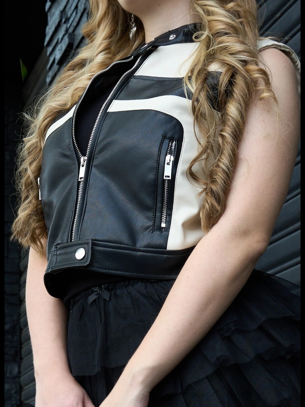 26 International Black & Cream Faux Leather Sleeveless Moto Vest